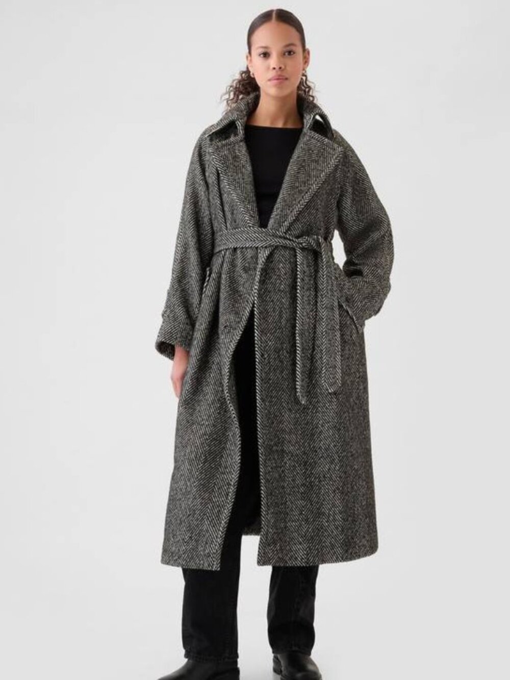 NEW GAP Herringbone Belted Coat Black